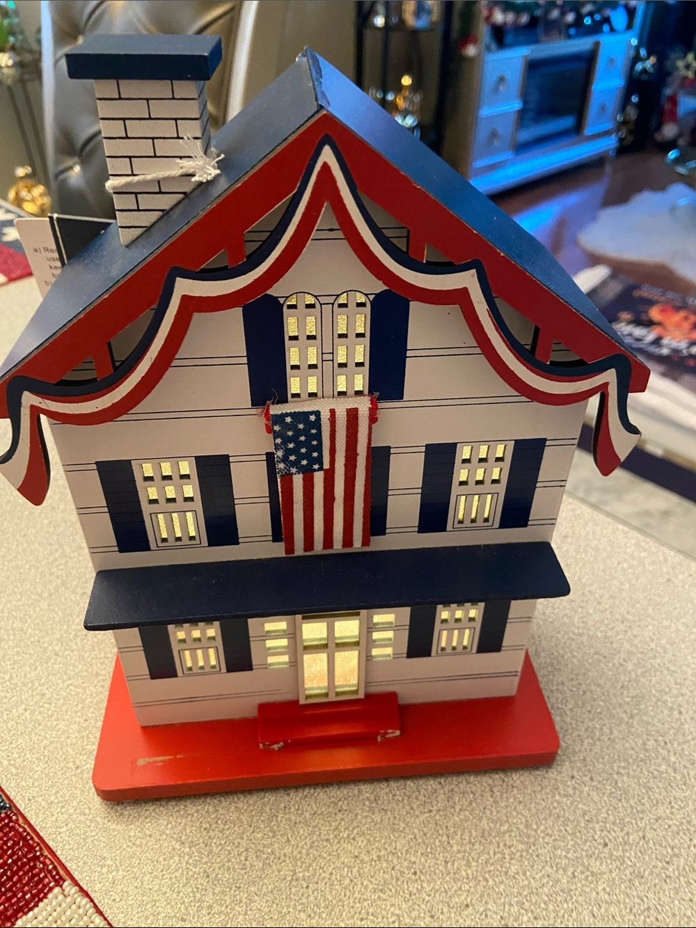 Patriotic Light-Up Decorative House with Flag Accents